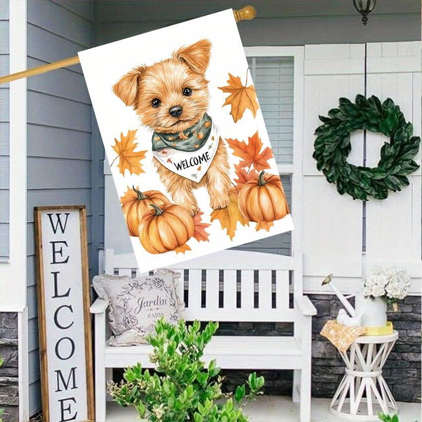 Double-Sided Polyester Welcome Garden Flag - Harvest Festival Puppy & Pumpkin Design, Outdoor Yard Decor Without Electricity, 1PC