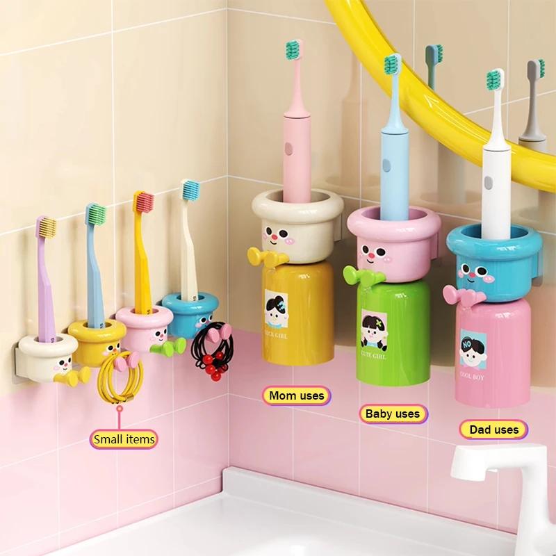 Cute Kids Creative Toothbrushes Holder,Household No Punching Organiser Rack with Cups for Toothpaste Comb,2 In 1 Gargle Cup
