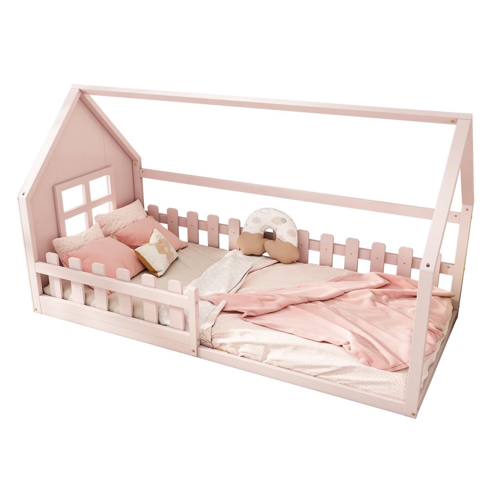 90*200cm Düz Yatak, Çocuk Yatağı, Ev Raylı, Pembe