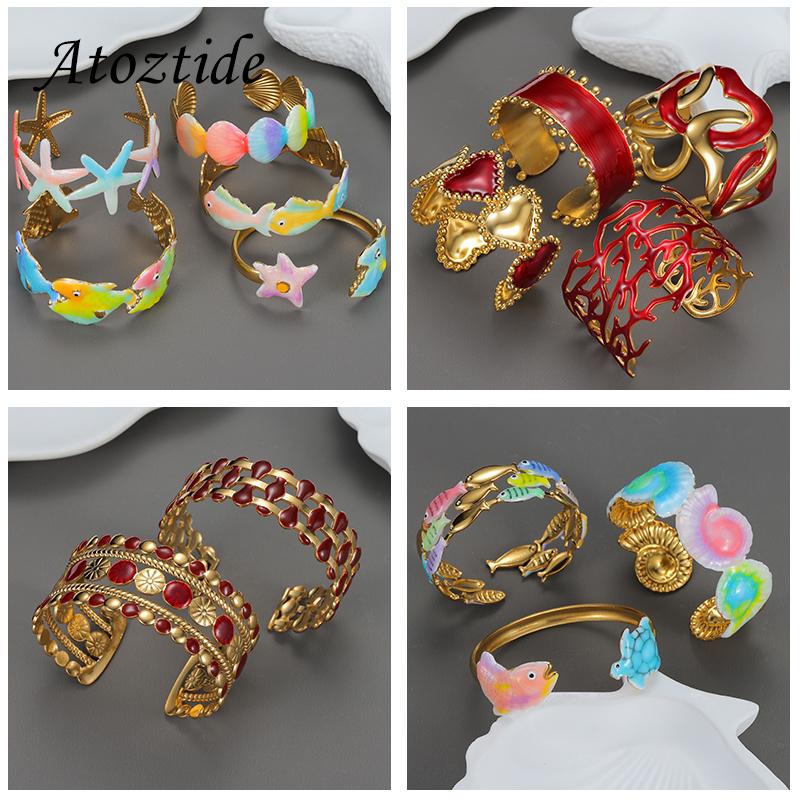 Atoztide Trendy Colored Wide Bracelet for Women Stainless Steel Adjustable Vintage Exaggerate Open Bangle Christmas Jewelry Gift