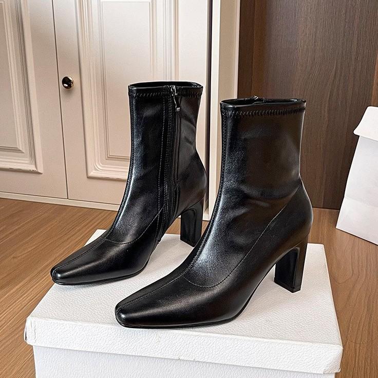 Sheepskin Edition~ High Heel Short Boots Women's French Martin Boots Soft Leather Brown Leather Elastic Thick Heel Square Head Skinny Boots