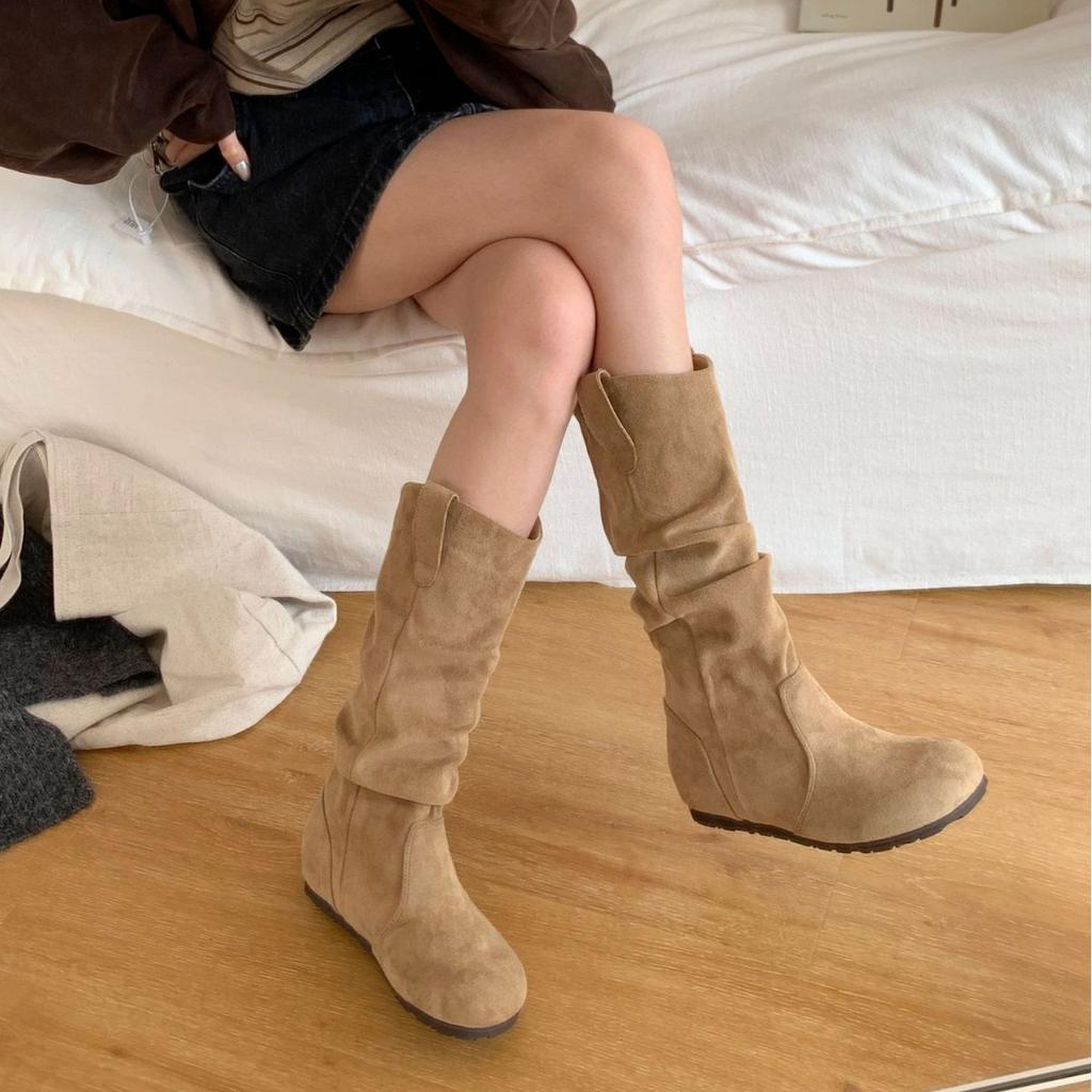 2025 New Sense Design Retro Versatile But Knee Boots Women's Inner Height Increase and Thin Pleated Knight Boots