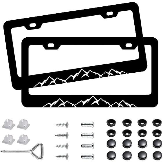 2Pcs Pink Checkered Aluminum Alloy License Plate Holder License Plate Frames with Screw Cap Mountains