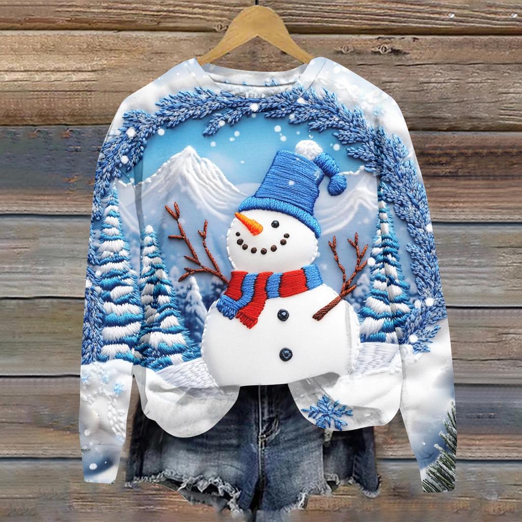 Ladies' Christmas Printed Casual Long Sleeved Round Neck Sports Hoodie Top