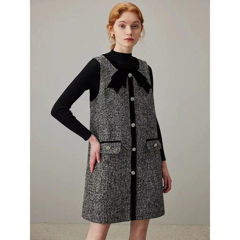 

Nordic Style Age-Reducing Butterfly Velvet round Neck Tweed Gradient Plaid Dress Women Autumn and Winter Bottoming Vest Skirt Recommend Black 3XL