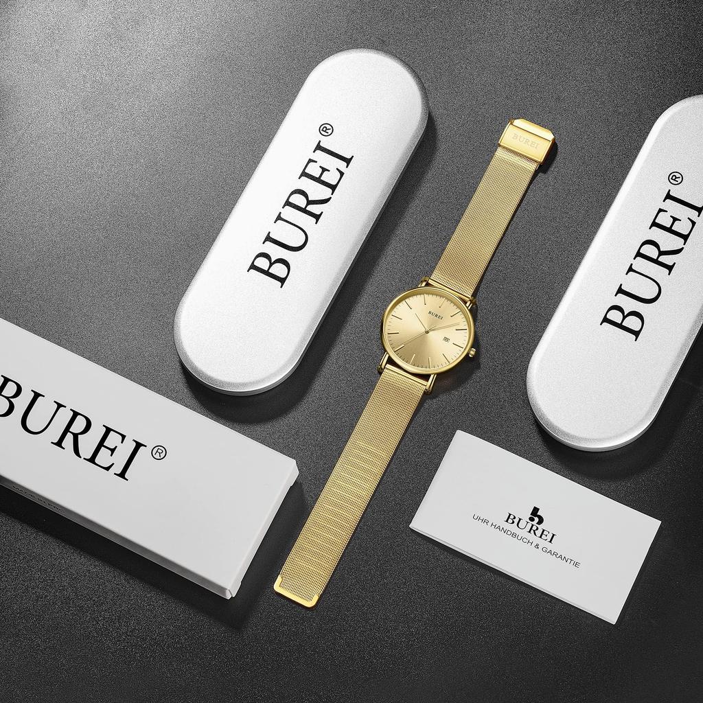 BUREI Herrenuhr, Einfach, Wasserdicht, Analog, Beliebt, Stilvoller Mailänder Stil mit Mesh-Armband und Gold-Armband