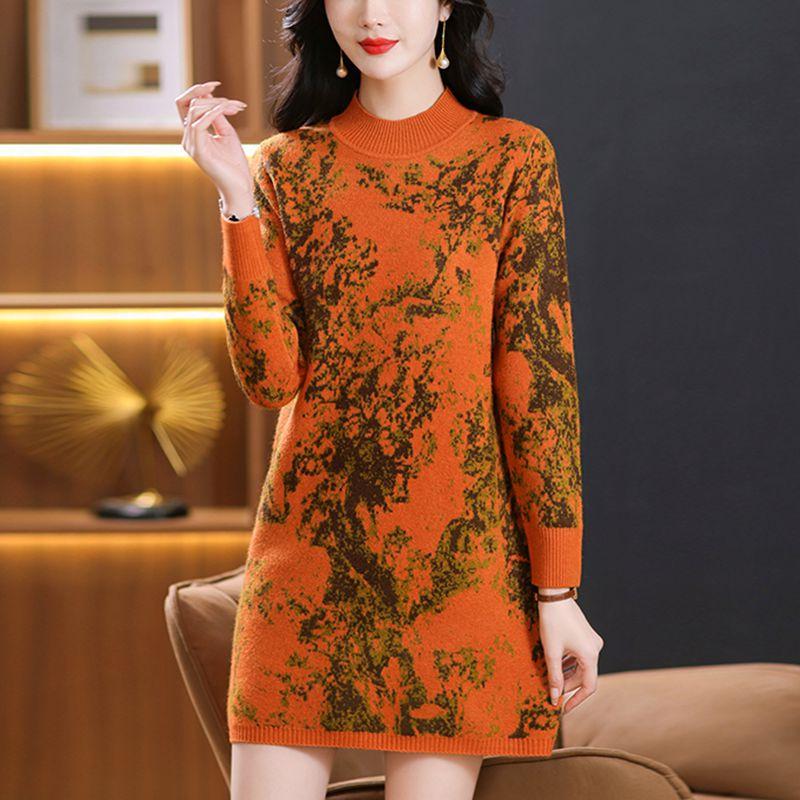 Mid-length Knitted Dress Loose Large-sized Floral Mid-length Sweater for Women Autumn and Winter Casual Long-sleeved Pullover