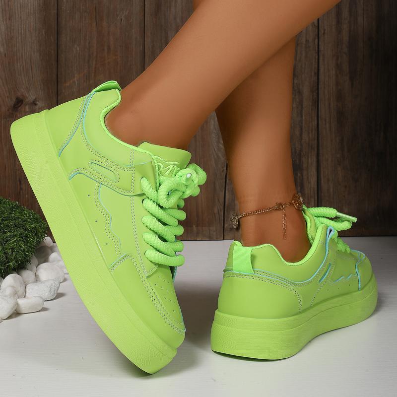 Mode Mode Fluoreszierend Grün Dicke Sohle Freizeitschuhe Damen 2025 Herbst Runde Zehenpartie Schnürung Weiche Sneaker Rutschfest Skateschuhe