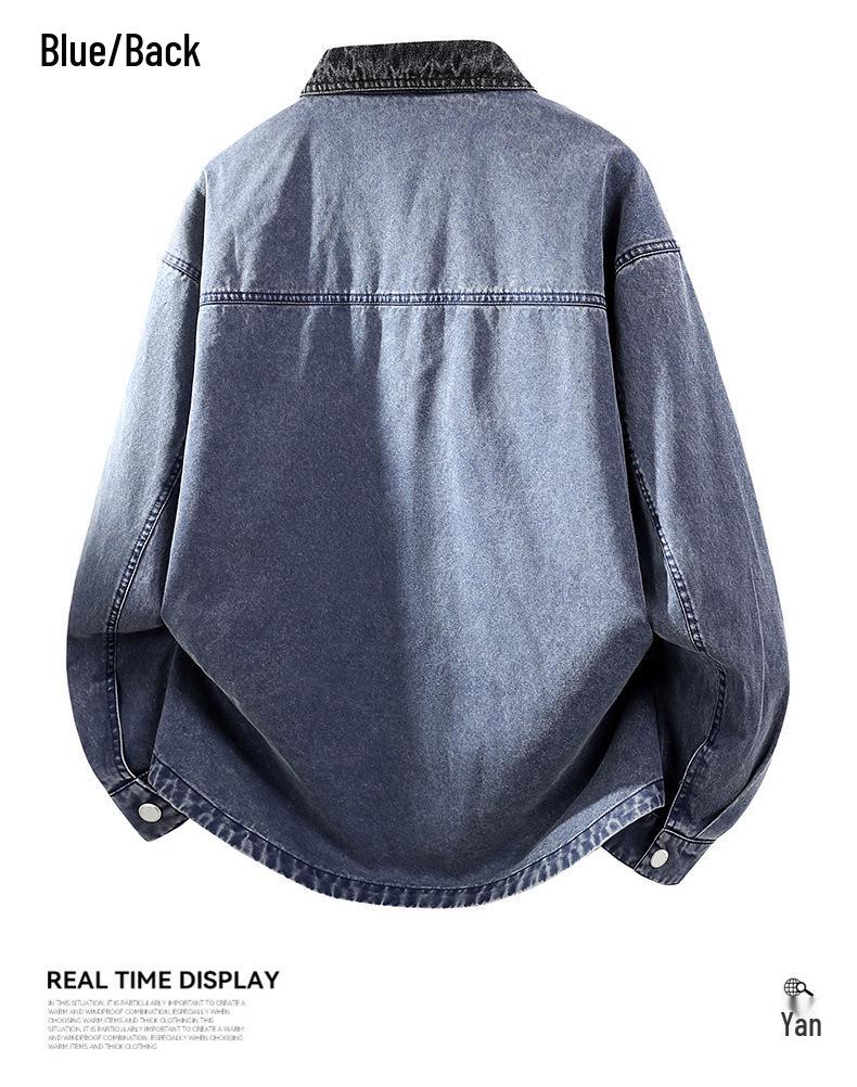 Men's Spring 2026 Retro Washed Cotton Jacket with Patchwork Lapel - Casual Trendy Outerwear