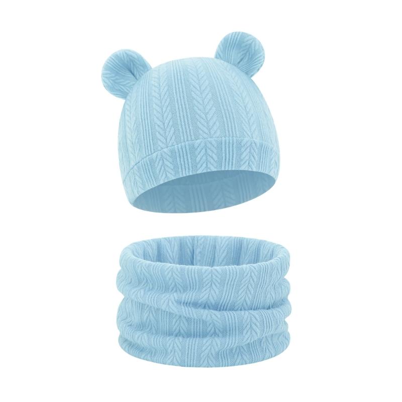 Reversible Infant Winter Hat Neck Warmer Combo Stretchy Cotton Blend 2 in 1 Baby Beanies Scarf Set for 8 to 36 Month Olds