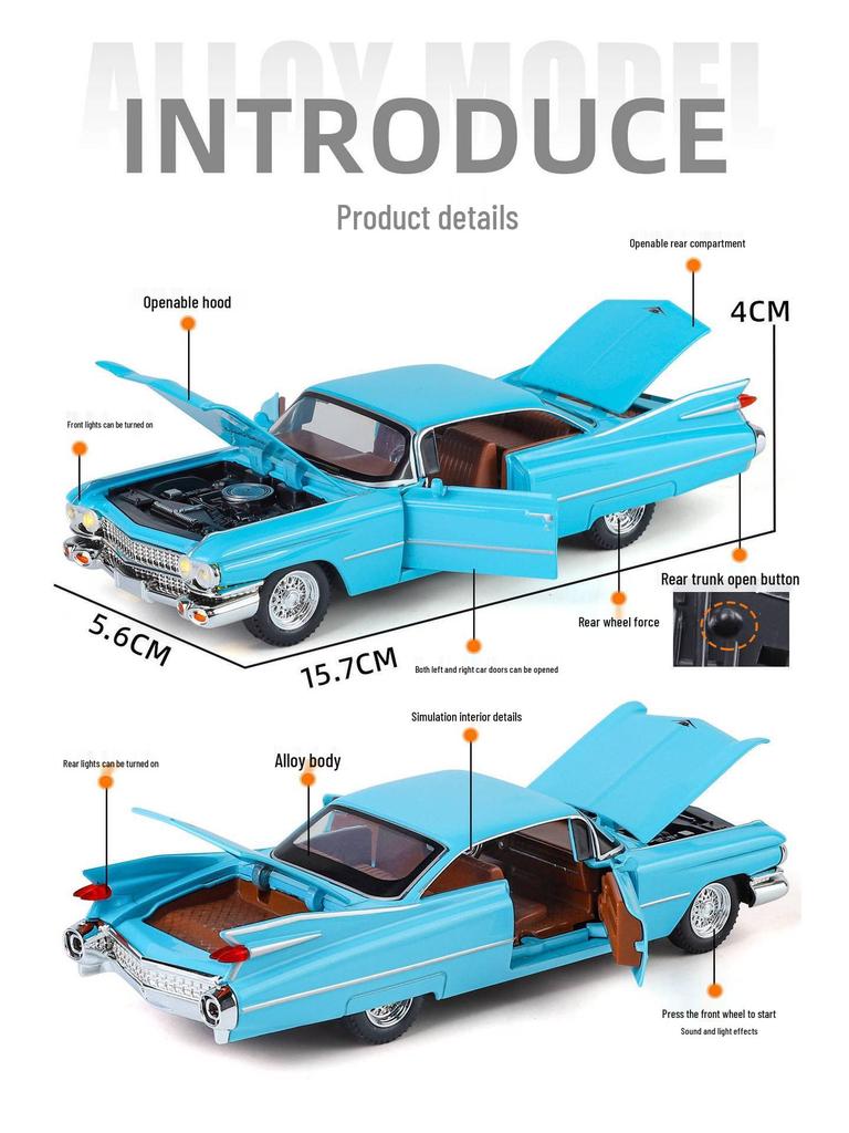 Boxed 1:32 Retro Cadillac Rocket Alloy Car Model with Sound & Light, Pull-back Toy Ornament.