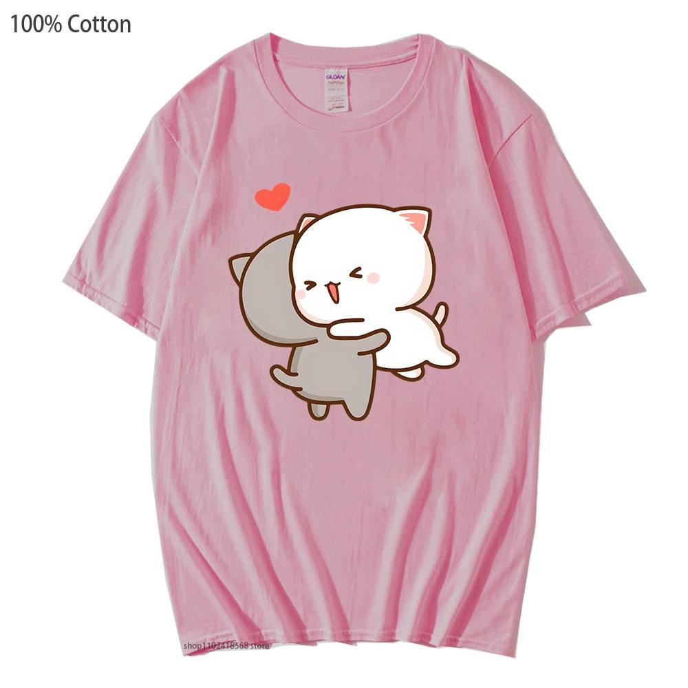 Peach and Goma Mochi Cat Love T-Shirts Women Kawaii Cartoon Tshirt for Girls Casual Short Sleeve Cotton Fashion Men Tops