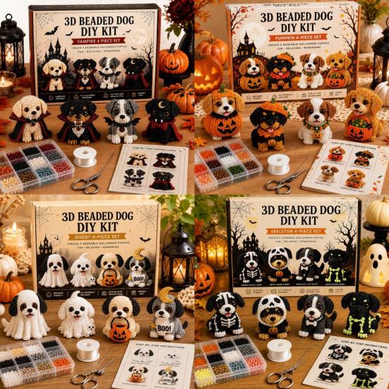 Crafts for Cat Dog Lovers 3D Halloween DIY Art Set, Beaded Puppy Craft Kit, Cute Funny Animal Theme Crafting Set Kit Beginners Adults, Home Desk Decor
