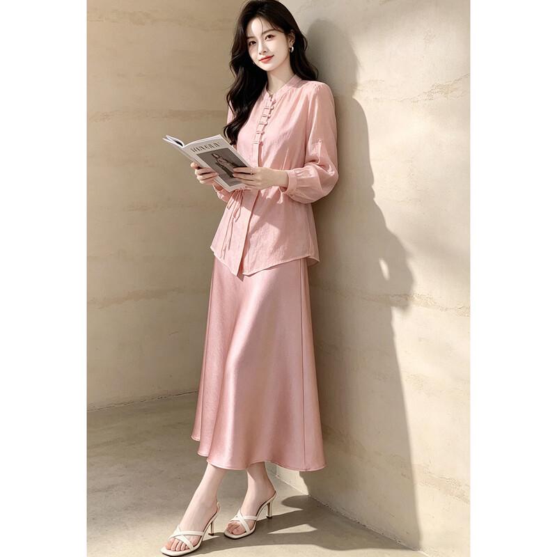 New Chinese Style Pan-Buckle Stand-Collar Shirt & Skirt Two-Piece Set