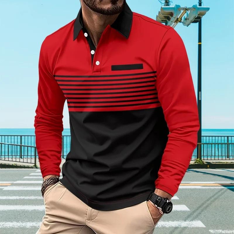 Mens Polo Shirts 3D Stripe Colorblock Print Fashion Sports Lapel Golf T-Shirt Men Tops Casual Long Sleeve T-Shirt Man Clothes