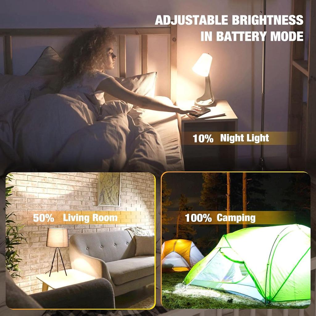Rechargeable Light Bulbs for Lamp, LED Battery Backup Bulb | 4+ Hours Runtime with 3 Dimming Modes, Essential for Hurricane Power Outages and