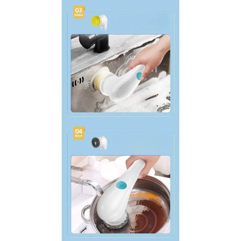 Cleaning Brush, Electric Cleaning Brush, Steel Wool Pad, 5-Head, Long-Handled, Handheld, Kitchen Cleaning and Dishwashing Wonder Tool