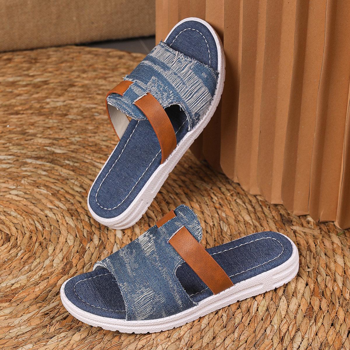 

Тапочки женские на плоской подошве с круглым носком и рисунком «рыбий рот» джинсового цвета, большие размеры, легкие и удобные, пляжные, классные, женские 43 синий