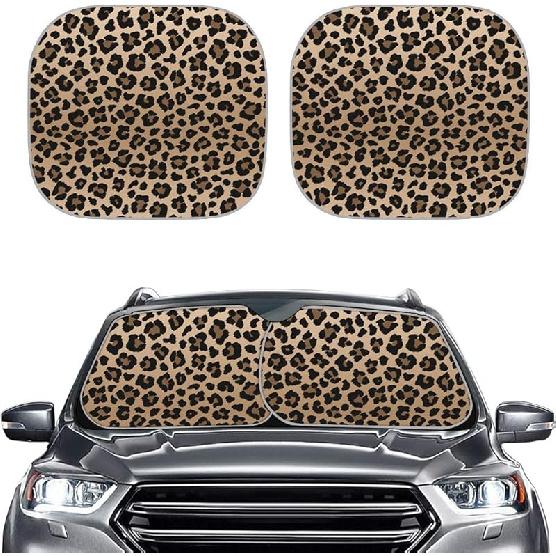 Renewold Windshield Sun Shade 2pcs, Leopard Print Auto Car Truck SUV Vehicle Universal-fit Front Windshield Sunshade - Durable Sun Shade