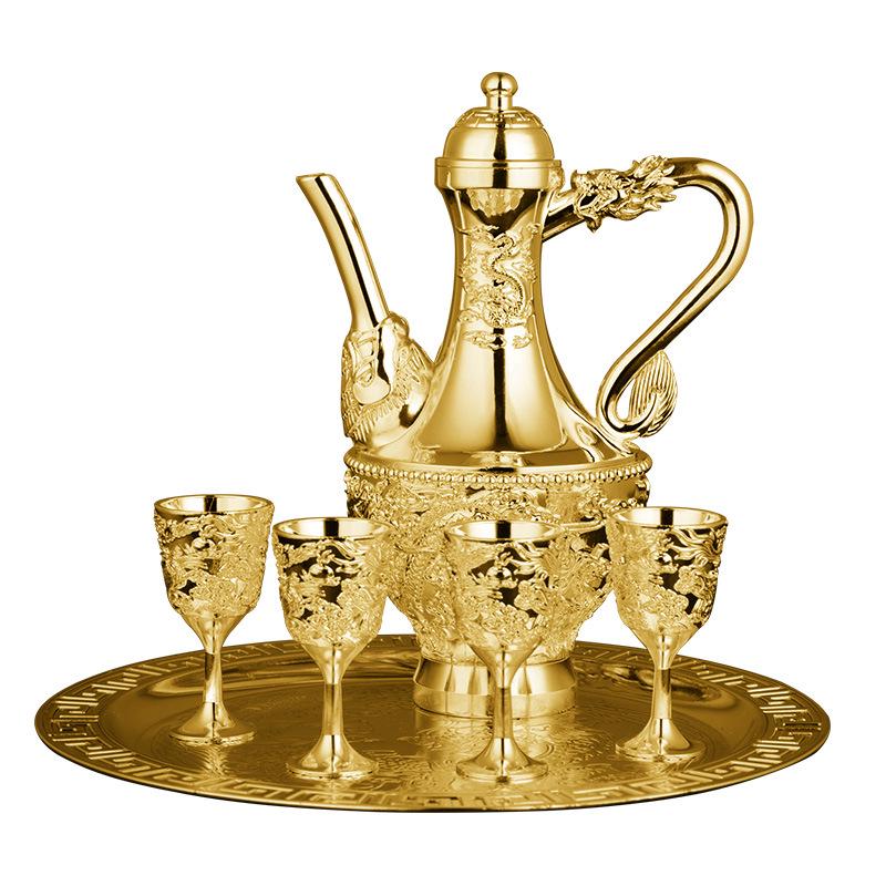Dragon & Phoenix Wine Set: Silver Pot, Silver-Plated & Gold-Plated Cups, Five-Piece Set in Leather Box.