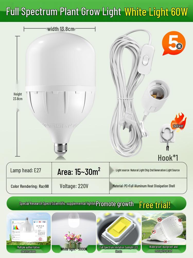 Full Spectrum LED Grow Light Bulb for Indoor Plants, E27 Base, Sunlight Imitation.