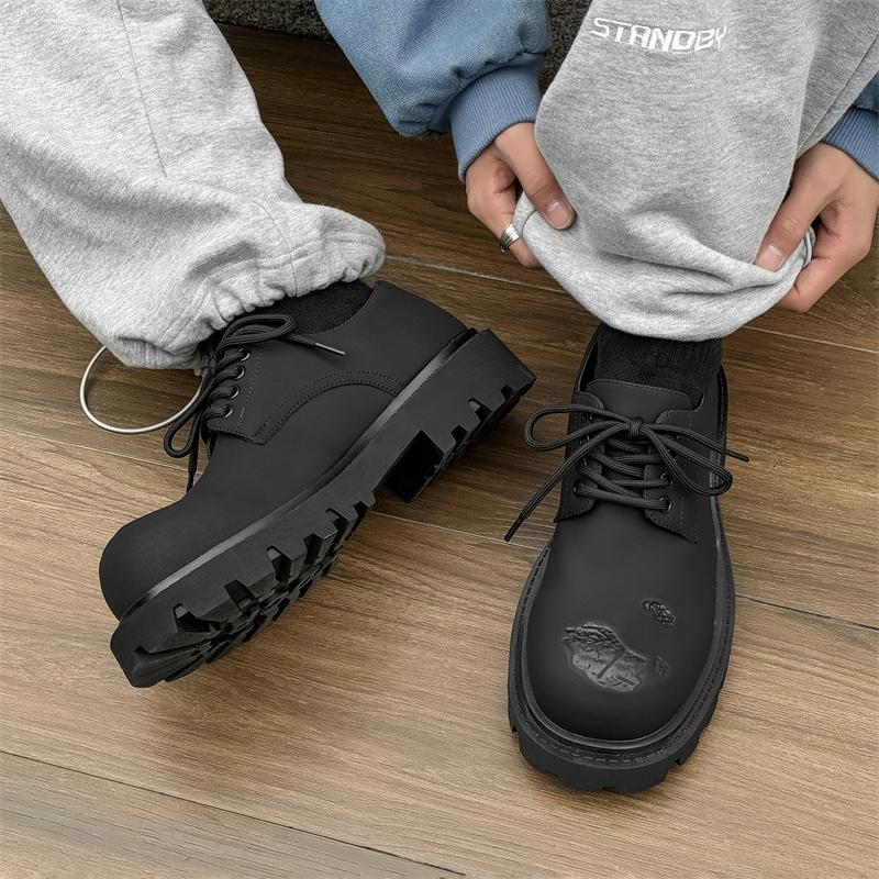 Men's Street Style Black Leather Shoes with 5CM Thick Sole Height Increasing Anti-Slip Platform Casual Daily Outdoor Wear Shoes