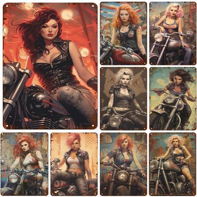 Mfoever Blechschild Metallblechschilder Pin-Up-Girls Frau Motorrad Vintage Lustige Kunst Wanddekorationen für Zuhause Man Cave Garage Cafe Bars Clubs Pubs