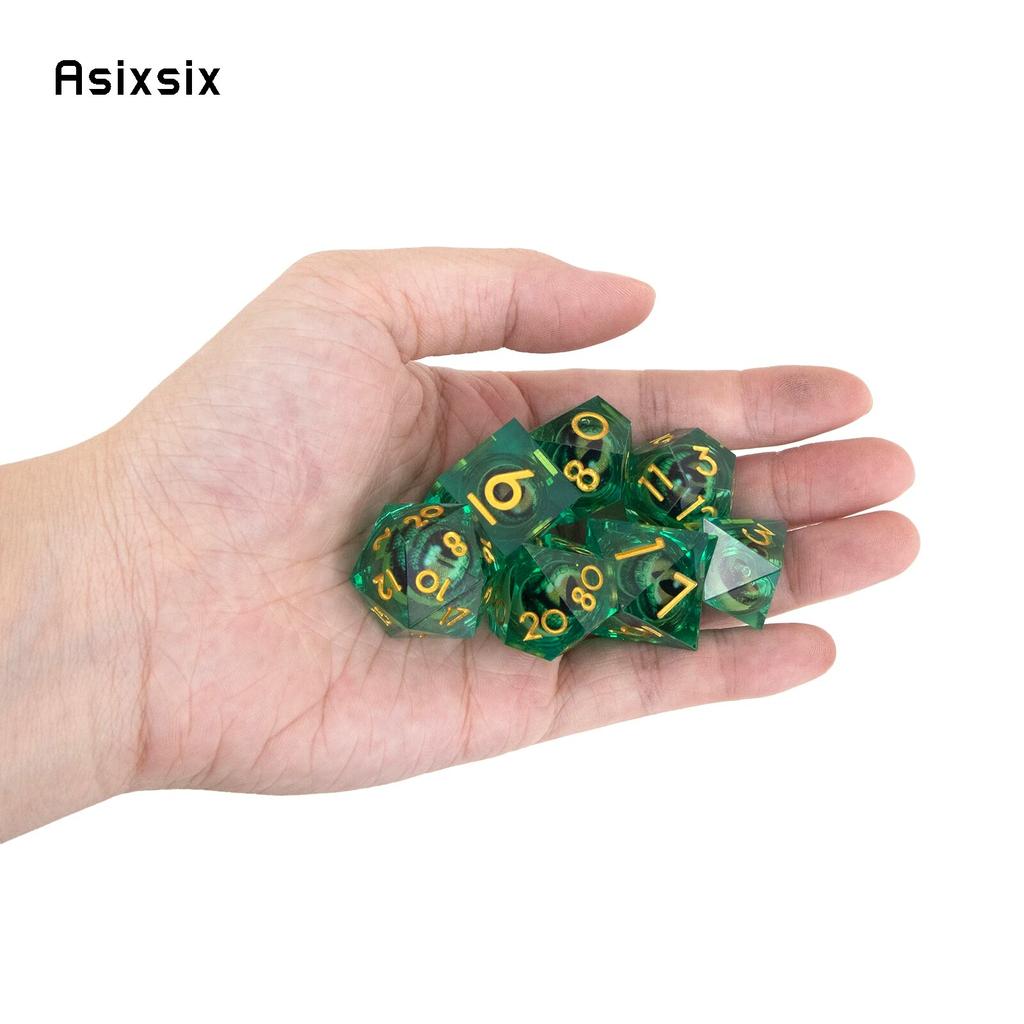7 Pcs Green Flowing Sand Golden Number Sharp Edge Resin Dice Polyhedral Dice Suitable for Role-Playing RPG Board Game
