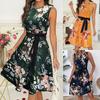 Women's Round Neck Sleeveless Midi Dress Elastic Waist Self Tie Belt Floral Print A Line Casual Dress