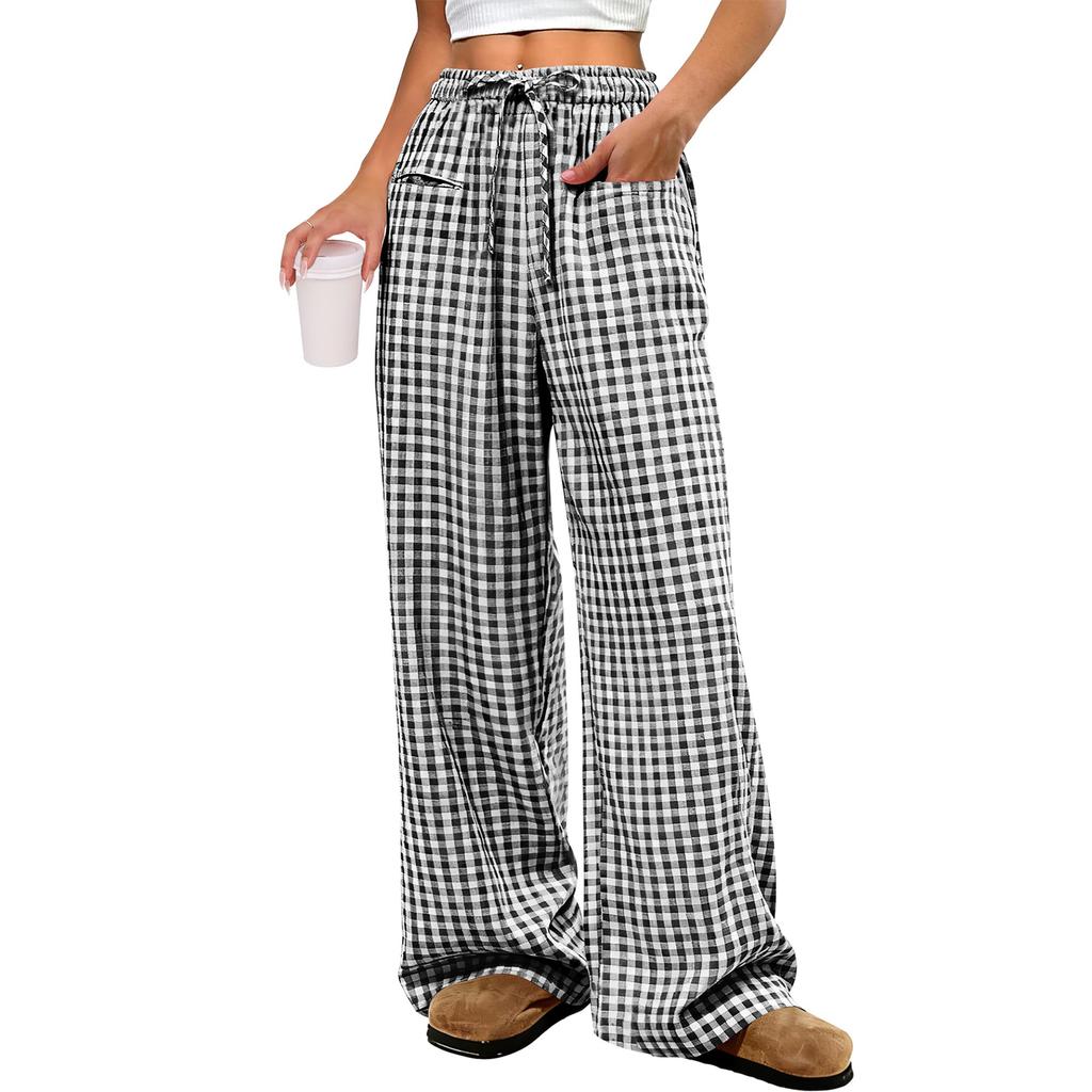 Ladies' Fashionable Color Straight Leg Pants With High Waist Pockets Casual Pants