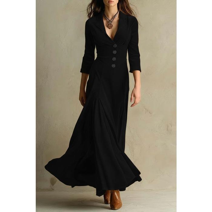 Europäische und amerikanische Damenbekleidung unabhängige Station einfarbig Knopf Revers Dreiviertelärm langes Kleid Kleid Taille Schwingrock