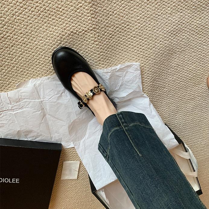 

Sheepskin version~ Small gold buckle leather soft sole Mary Jane single shoes women s new ballet flat shoes small leather shoes ladle shoes 35