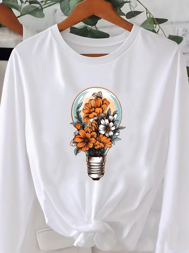 

(Asian Size) Long Sleeve T Shirt Tee o-neck flower letter trend Print autumn winter spring Women Clothing Casual Fashion Top Graphic T-shirts S