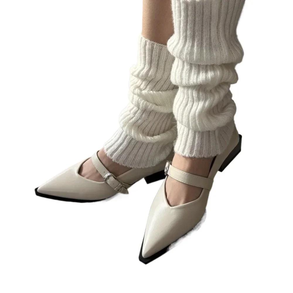 Pointed Toe Women Loafers Shoes Black White Casual Mules Belt Buckle Shallow Slip On Low Heeled Party Pumps Women's Flat Shoes