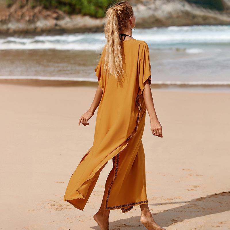 Ginger Yellow Rayon Embroidered Long Beach Cover-up Dress for Women