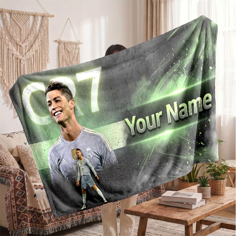 Coperta Personalizzata in Pile Cristiano Ronaldo con Logo Calcio, Testo Nome Personalizzato Morbida Calda Coperta da Divano per la Casa
