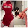Retro Lace-Up Cheongsam with See-Through Halter Neck, Hollowed-Out Slit, Sensual Uniform Design