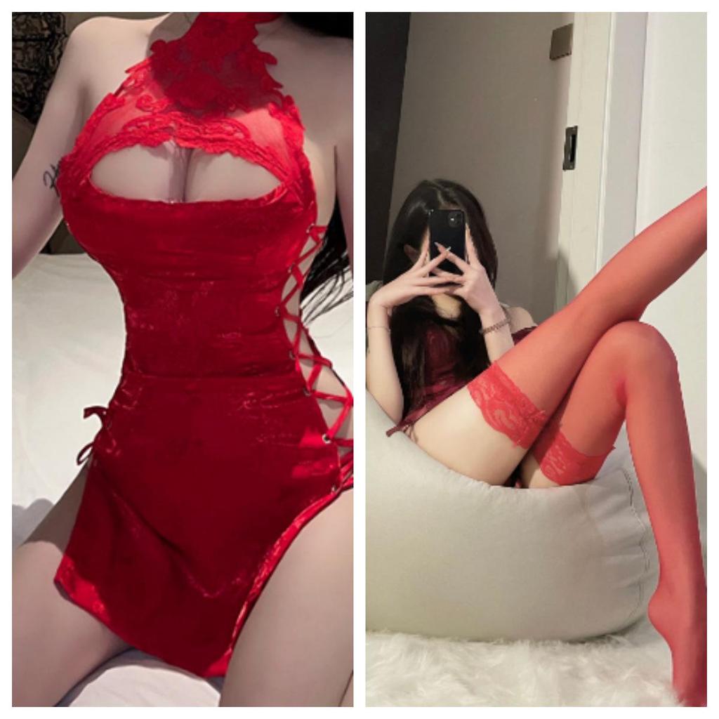Retro Lace-Up Cheongsam with See-Through Halter Neck, Hollowed-Out Slit, Sensual Uniform Design