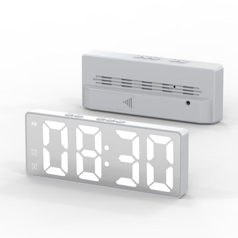 Voice Control Digital Alarm Clock Temperature Date Dual Alarm Snooze Mute Table Clock 12/24H Bedside Mirror LED Clock