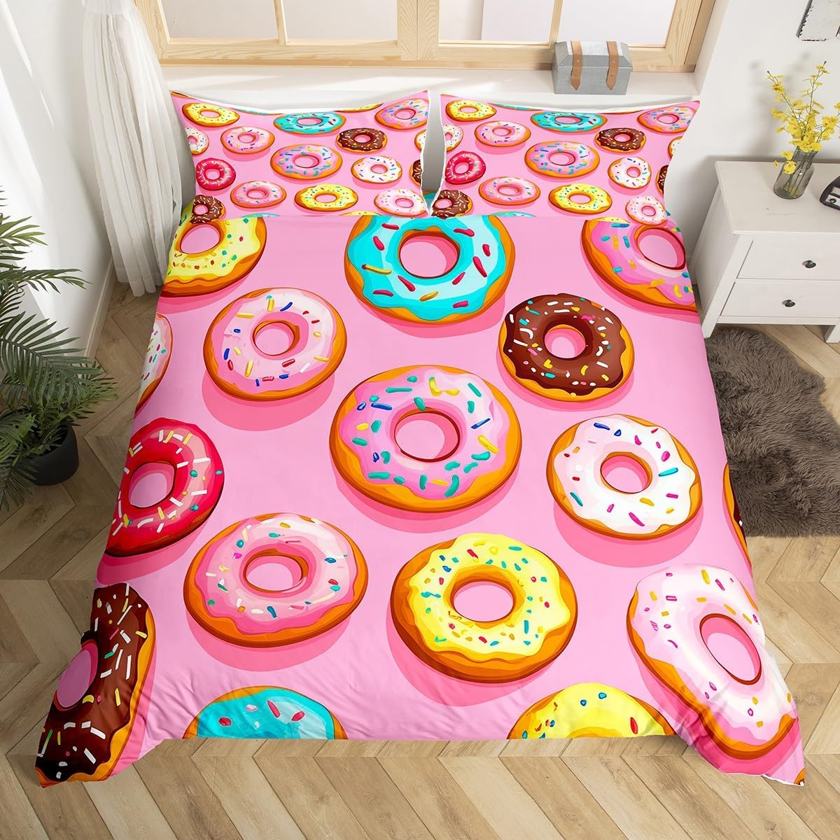 

Soft Lovely Donuts Soft Duvet Cover Set Desert Theme Beding Set For Young Girls Young Boys Gifts Microfiber Funy Carton Tasty Fods Comfortable Quilt 135*200cm Eu-Single
