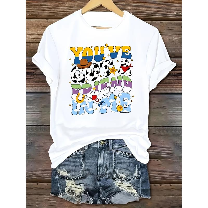 

European sizes Women s Casual Round Neck Short Sleeve T-Shirt | Printed You ve Got a Friend in Me Alphabet Pattern S белый