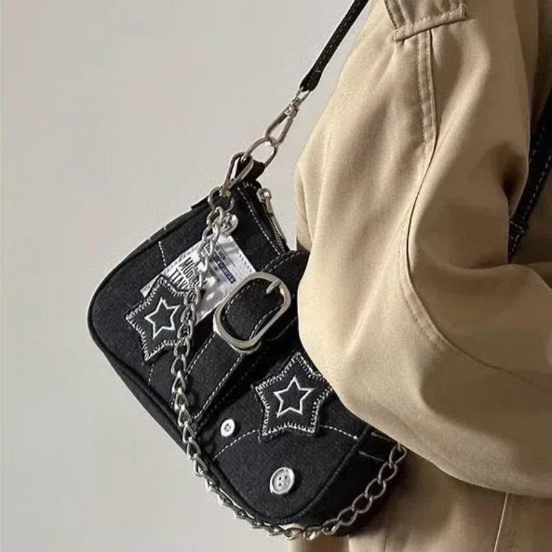 Damen Umhängetaschen Koreanisch Harajuku Goth Stern Mädchen Schwarz Handtasche Fairy Grunge Ästhetik Geldbörse Schulter Handtasche Geldbörsen Baguette Tragetaschen