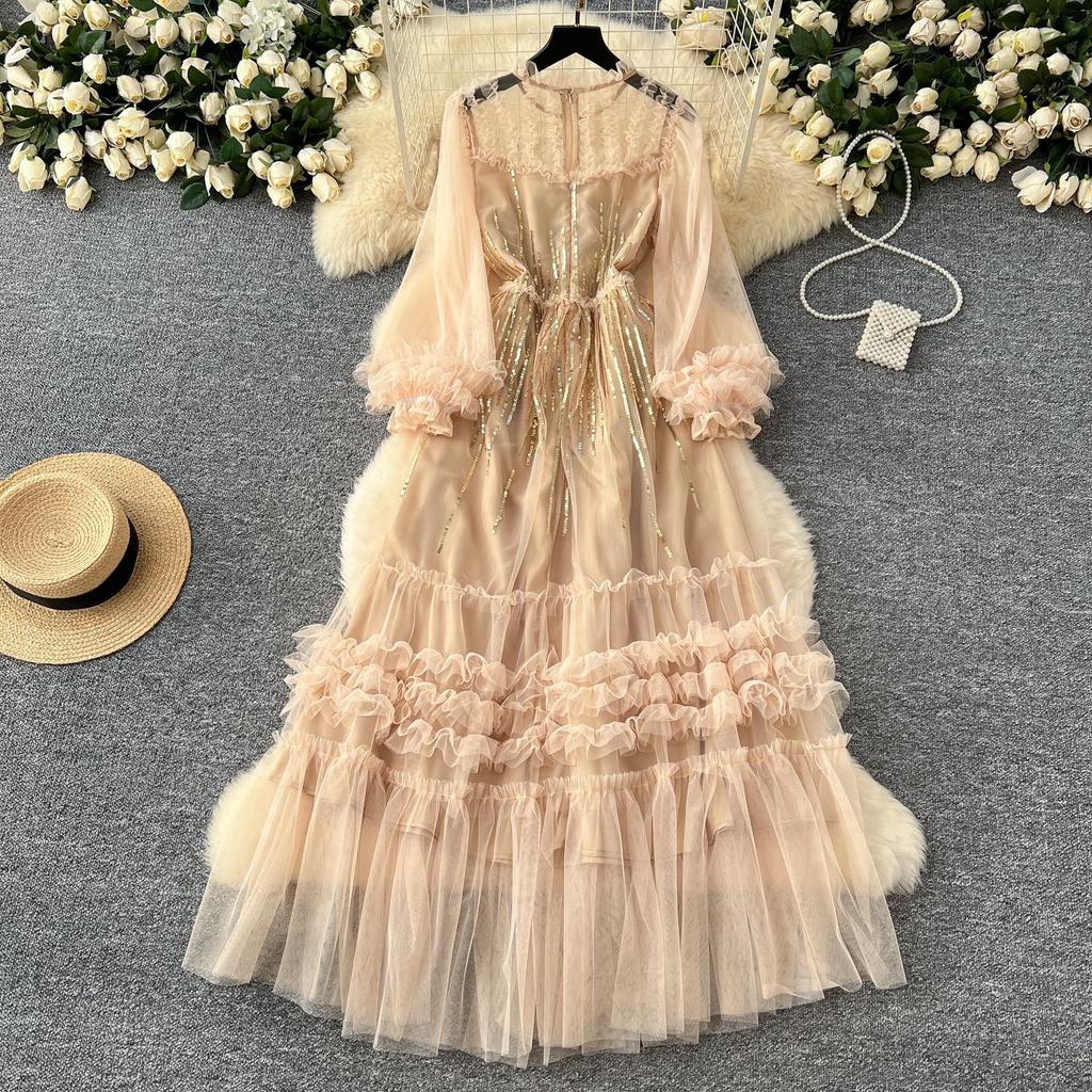 High-end Women's Dress 2025 Sequined Embroidered Three-dimensional Lace Mesh Long-sleeved Waist Dress Skirt