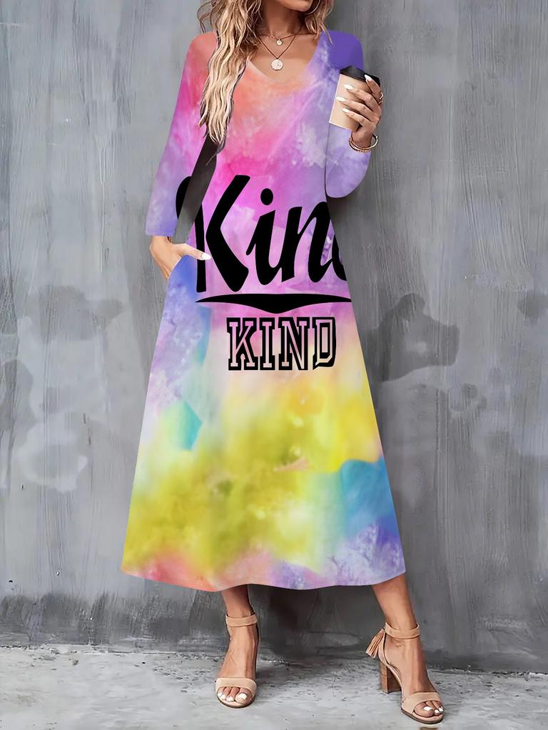 2025 Autumn and Winter New Women Casual Fashion Dress 3D Retro Pattern Print Long Sleeve V-Neck A-Line Dresses