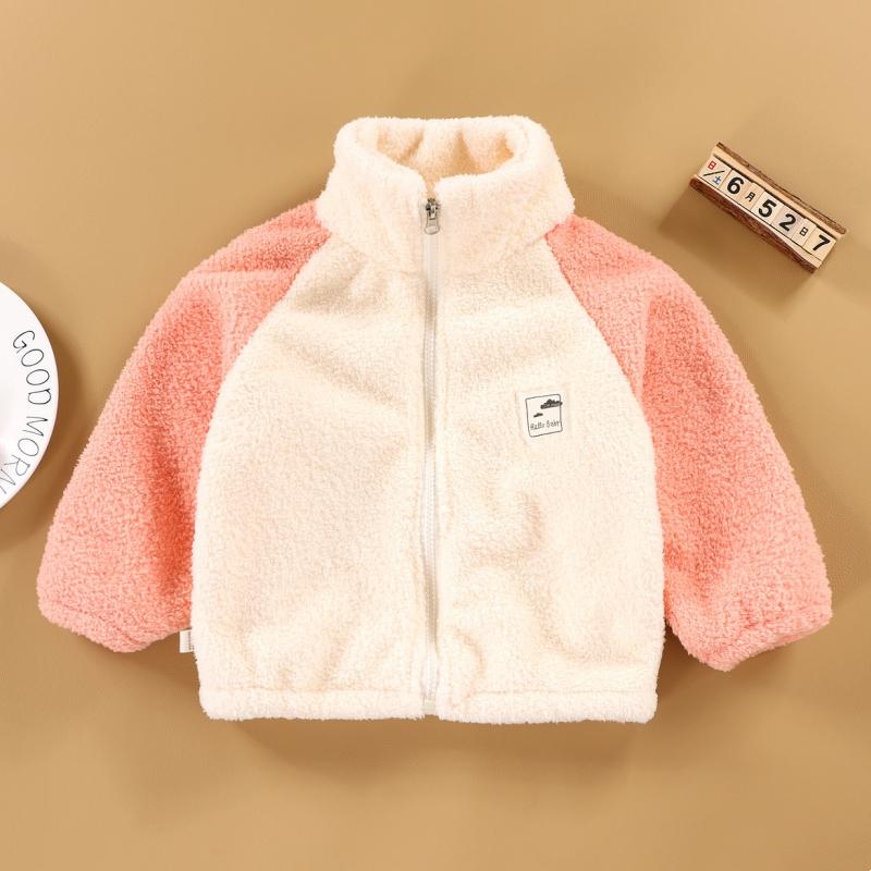 Children Plush Coat Autumn Winter Baby Boys Girls Color Blocked Zipper Long Sleeve Top Kids Casual Warm Jacket Outerwear