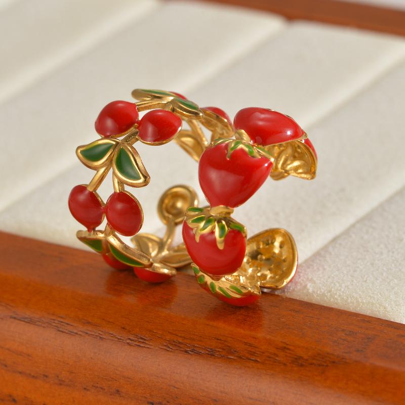 Mode Fruchtstil Edelstahl Offener Ring Emaille Erdbeere Kirsche Design Süß Täglich Party Damenschmuck Geschenke