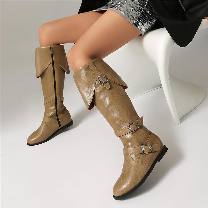 Women's Flat Boots Autumn and Winter New Solid Color Belt Buckle Decorative Large Size Roman Medium Boots