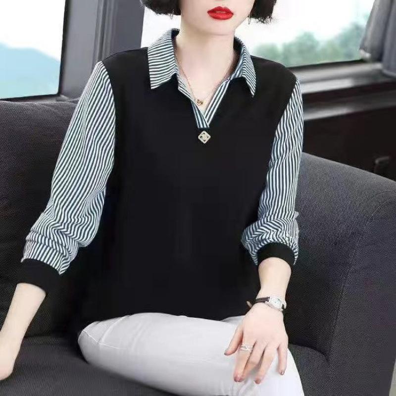 Western-style Mom Shirt Age-reducing Middle-aged and Elderly Splicing Polo Collar Bottoming Shirt Long-sleeved for Women