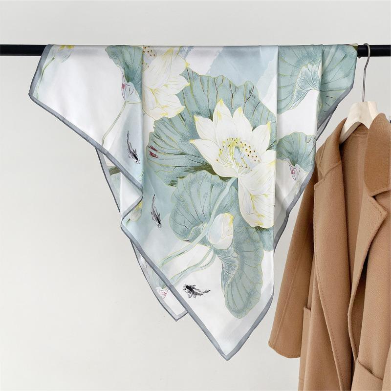 Spring and Autumn New Lotus Plain Crepe Satin Printed Shawl Premium 100 Mulberry Silk Silk Scarf Versatile Silk Square Scarf