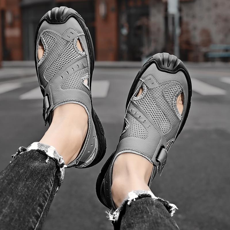 Summer Men Sandals Genuine Leather Mens Casual Shoes  Men Leather Sandals Large size breathable walking men's Black shoes